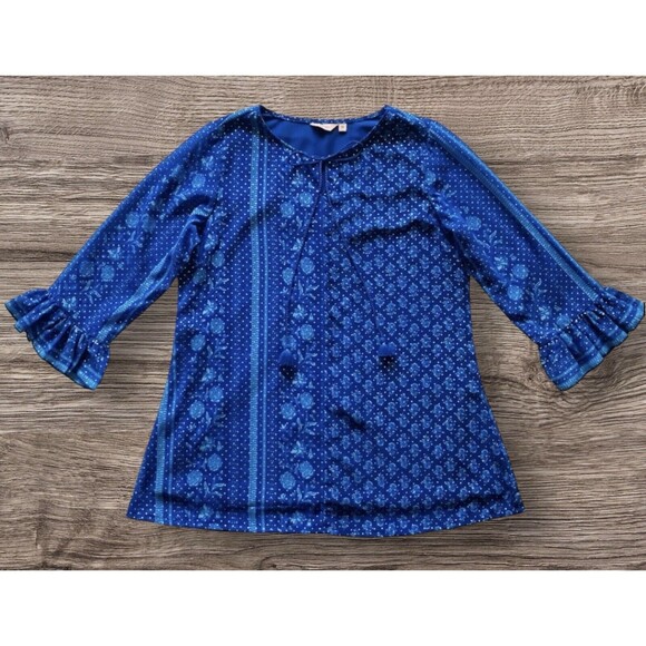 ITSE Women’s Top Tassle Front Tie Bell Sleeves Royal Blue Gold Dots Size Medium - Picture 1 of 12
